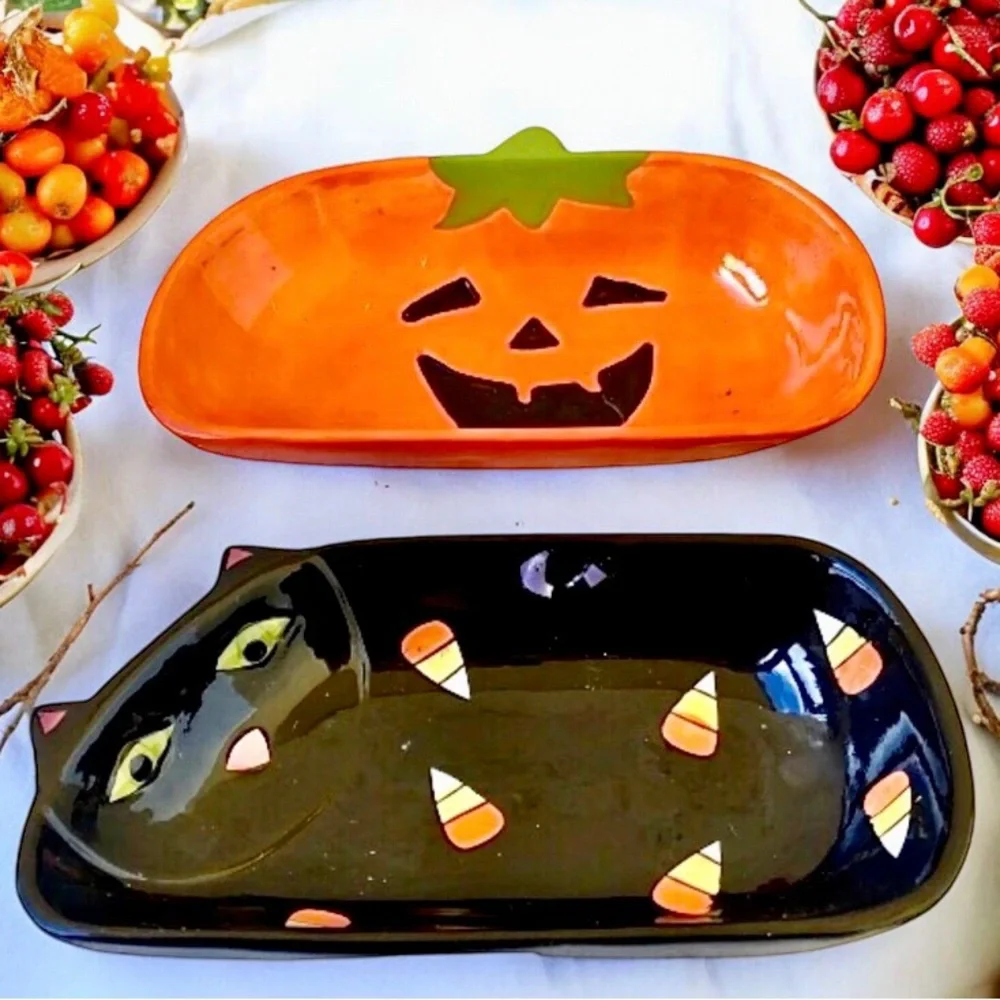 Halloween 🎃 Candy Dishes Tien Hsing Vintage Black Cat + Pumpkin 2 dishes